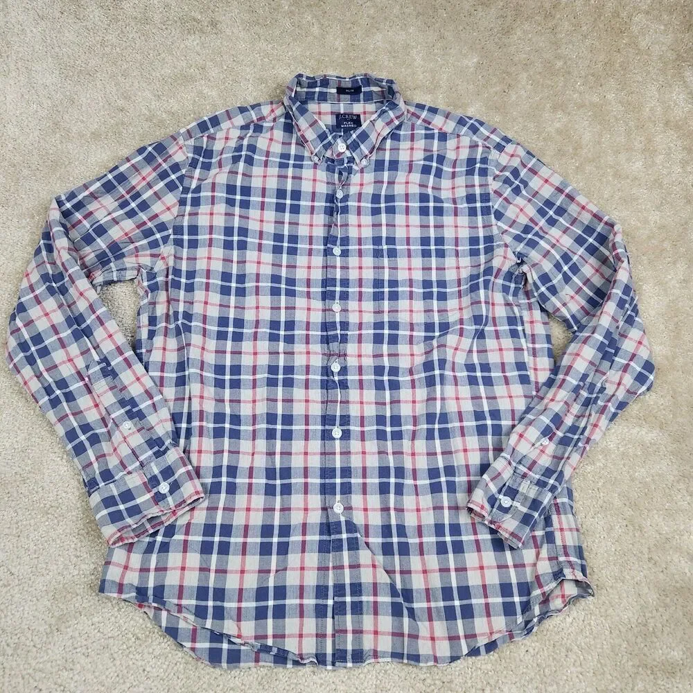 J Crew Shirt Mens L Red Blue Plaid Check Flex Wash Button Up Slim A867